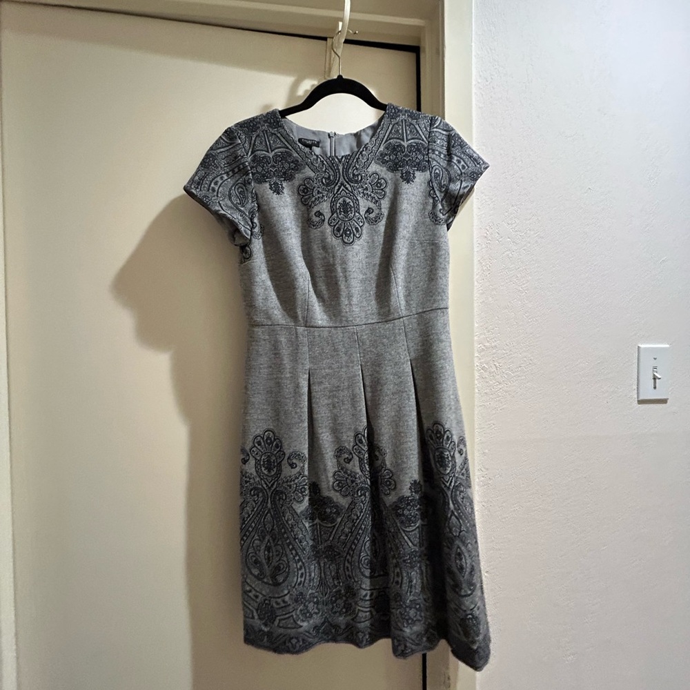 Talbots Charcoal Midi Dress with Intricate Black Design